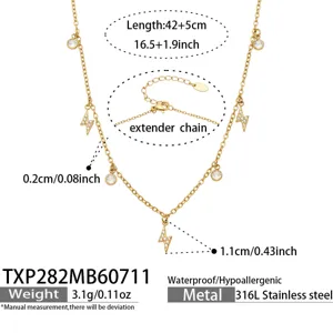 Gold stainless steel lightning zirconia pendant necklace with extender chain details.