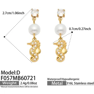 Edelstahl vergoldet Perle Seepferdchen Ohrringe elegante Zirkon Modeschmuck Damen Strand