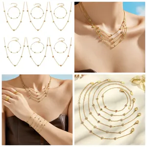 Elegant multi-layer heart cubic zirconia gold plated necklace bracelet jewelry set for women.