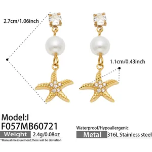 Vergoldete Edelstahl Seestern Perle Ohrringe, sommerlicher Strand Stil Damenschmuck.