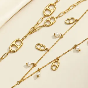 Stainless Steel Y Necklace Gold Plated Hollow Oval Pig Nose Link Chain Artificial Pearl Drop Necklace For Women Jewelry
