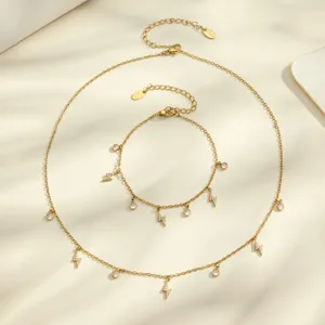 316L Stainless Steel Four-Petal Flower Lightning Bolt Rhinestone Pendant Y-Shaped Necklace Bracelet Jewelry Set Gold Plated Women Gift