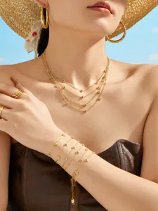 Exquisite multi-layer colorful zircon heart necklace and bracelet set, gold titanium steel jewelry.