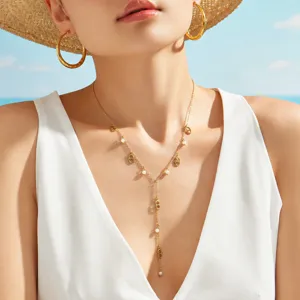 Gold-plated titanium steel Y-shaped pearl necklace featuring trendy hollow oval pig nose charms.
