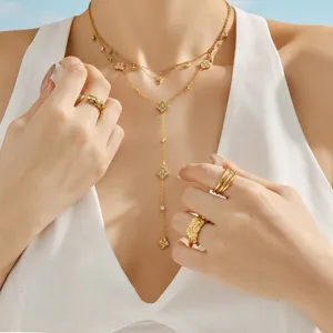 Gold layered clover zircon Y necklace set women elegant fashion jewelry commuting style