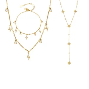 Gold lightning and clover zircon pendant Y necklace bracelet set for women fashion jewelry