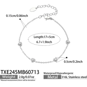 Detail view of the stainless steel heart zircon bracelet showing dimensions and specs.