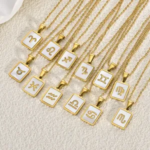 Detail view of 18K gold plated stainless steel zodiac necklaces with shell inlay