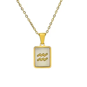 Detailed macro view of 18K gold plated Aquarius zodiac pendant featuring white shell inlay.