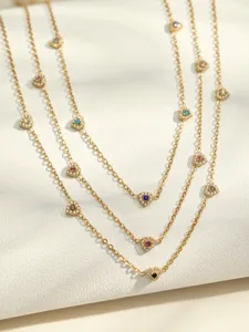Gold plated titanium steel multi-color zircon heart station layered necklace for women