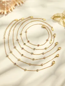 Gold-plated stainless steel multi-strand colorful zircon heart necklace bracelet set.