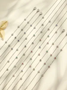 Silver tone chain necklace set with colorful heart cubic zirconia charms for women aesthetic