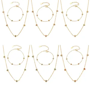 Gold plated titanium steel colorful cubic zirconia heart necklace and bracelet set