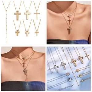 Chic Zirconia Cross Pendant Necklace Set Layered Y-Shaped Beaded Collarbone Jewelry Fashion
