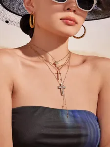 Layered cross pendant Y necklace with sparkling cubic zirconia, elegant chic collar chain.