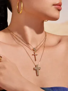 Multi-layer cross pendant necklace with sparkling zircons, chic clavicle chain jewelry for daily wear.