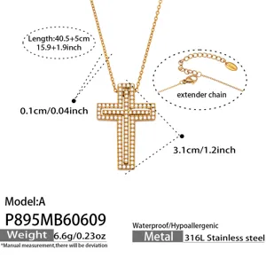 Detailed view of the stainless steel cross pendant necklace with sparkling cubic zirconia stones.