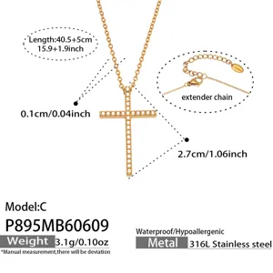 Gold stainless steel cross pendant necklace with sparkling zirconia stones and extender chain.