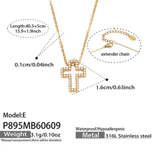 Stainless steel rhinestone cross pendant necklace with adjustable extender chain for women.