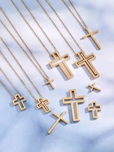 Gold-plated zircon cross pendant necklace set, chic hollow design, elegant clavicle jewelry.