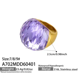 Großer lila facettierter Glasstein goldener Edelstahl Statement Cocktailring für Damen
