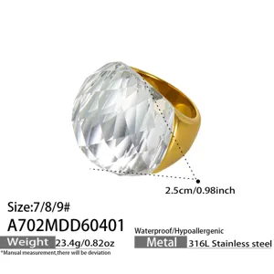 Modischer uebertriebener Glasstein Ring aus 18k vergoldetem Edelstahl fuer Damen Schmuck