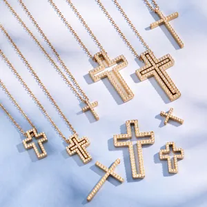 Gold-plated pavé cubic zirconia cross pendant necklaces set, chic fashion clavicle chain jewelry.
