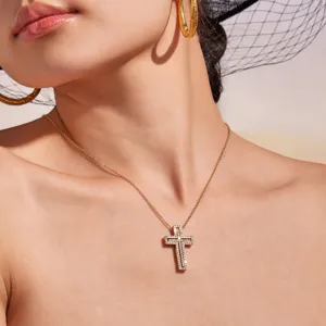 Gold diamond cross necklace and chic hoop earrings set for women light luxury jewelry