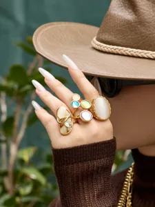 Anello geometrico in acciaio inossidabile con pietra occhio di gatto e gemme colorate donna