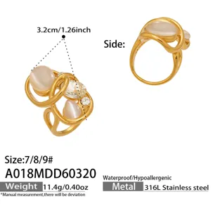 Anello geometrico in acciaio inossidabile dorato con occhio di gatto e cristallo, tg 7-9.