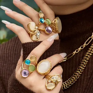 Anello Geometrico in Acciaio Inossidabile Occhio di Gatto Per Donna Placcato Oro Traforato Gemma Multicolore Strass Gioielli