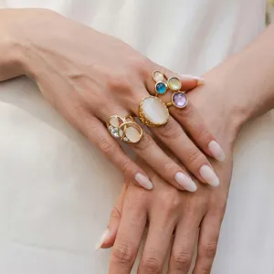 Anello geometrico in pietra di occhio di gatto gemma multicolore acciaio inossidabile