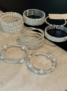 Ensemble de bracelets manchette multicouches en strass et perles argentées vintage style