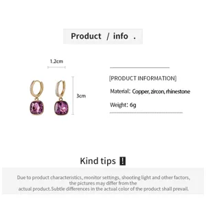 Lila quadratische Zirkonia Ohrringe mit Anhänger, elegante und luxuriöse Damenschmuck.