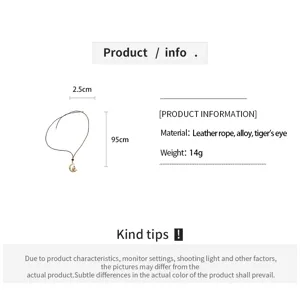Brown leather rope tiger eye stone moon cat necklace sweater chain long pendant jewelry.