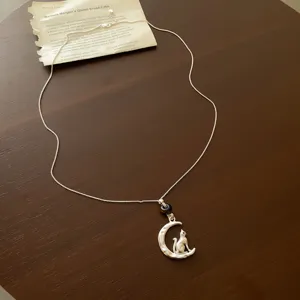 Detailed shot of a silver moon and cat necklace pendant on dark wooden background, fine chain.
