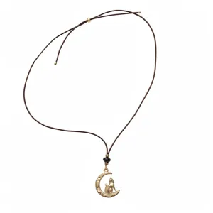 Elegant gold crescent moon cat pendant necklace with brown cord and black bead for women