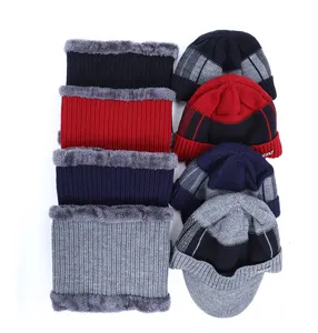 Men winter knitted beanie hat and fleece lined neck warmer scarf set thick warm grey.
