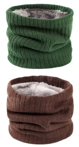 Thick fleece-lined knitted neck warmer detail showing green and brown loop scarf variants.