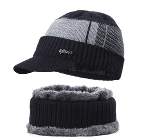Detailed view of the winter knitted hat and fleece neck warmer set, warm lining texture.