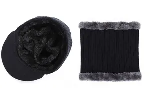 Men winter warm knitted hat scarf set fleece lined black beanie cap thick neck warmer