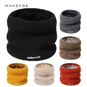 Winter Gebreide Nekwarmer Fleece Gevoerd Verdikte Thermische Snood Sjaal Effen Kleur Buiten Fietsen Winddicht Nekbeschermer Heren Dames