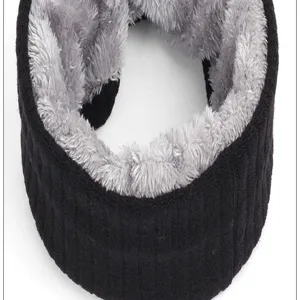 Detailed view of the black knit neck warmer featuring a soft grey plush fleece lining inside.