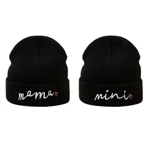 Eltern-Kind Mama Mini Bestickte Strickmütze Winter Warm Acryl Einfarbig Beanie Outdoor Kopfbedeckung