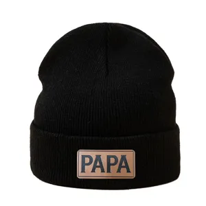 Gorro de Punto de Acrílico Cálido de Invierno para Hombres Mujeres Hip Hop Puño Parche de Cuero Skull Cap Exterior Diario Sombrerería