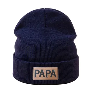 Gorro de punto acrílico para hombre con parche de cuero, gorro hip-hop azul marino.
