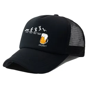 Zwarte mesh trucker pet met grappige bier evolutie grafische print, ademende pet.