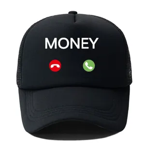 Schwarze Trucker Cap mit Money Schriftzug und Telefon Icons, atmungsaktive Sommer Kappe.