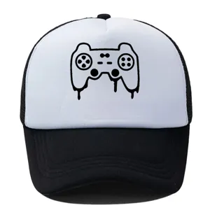 Detailed view of black and white baseball cap with game controller print, casual sun hat.