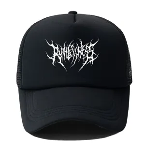 Casquette trucker noire avec impression de texte heavy metal blanc, casquette streetwear.